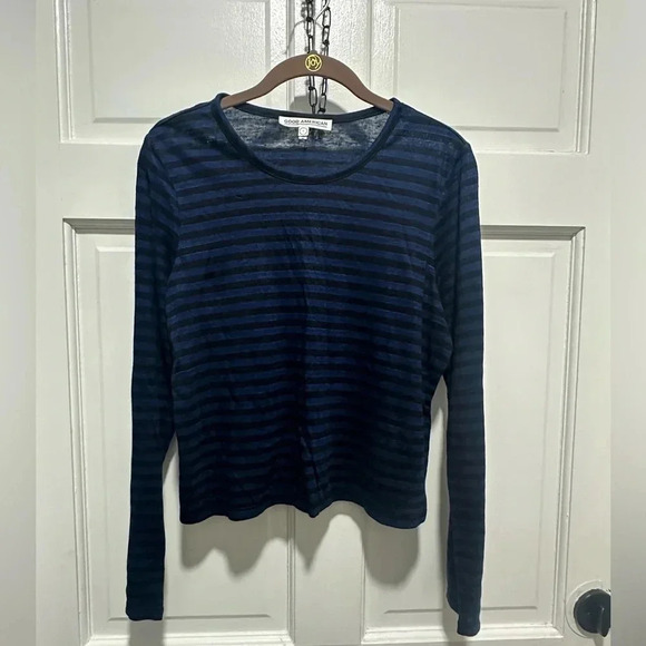 Good American Navy 100% Linen Stripe Blouse Size Small - Picture 2 of 4